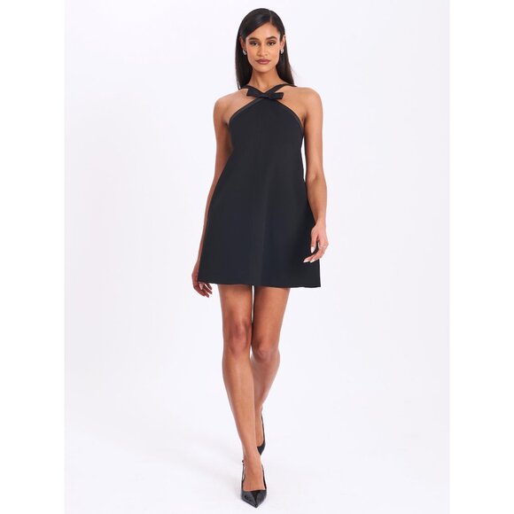Caitlin Black Satin Trim Mini Dress with Bow - Picture 8 of 16